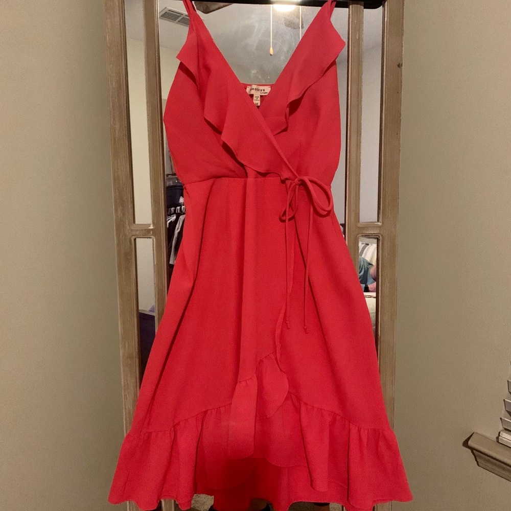 Pink High Low Midi Dress with V-neck Ruffle Detail